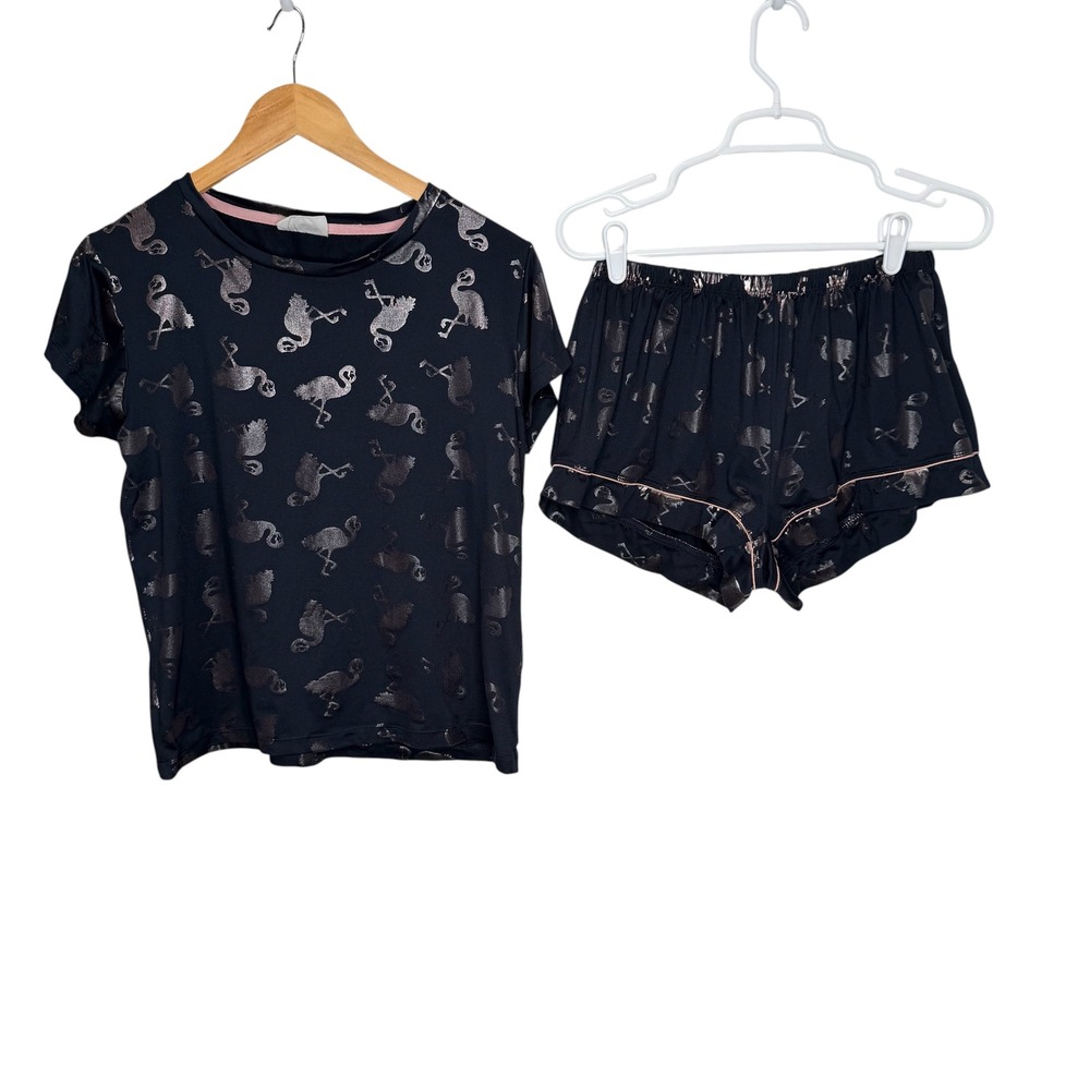 Chelsea Peers Womens Black Metallic Rose Gold Flamingo Pajama Set Small